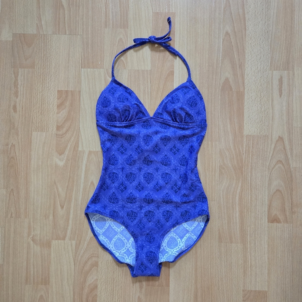 BNWT Joe fresh blue purple jacquard pattern halter one piece swim suit bikini XS